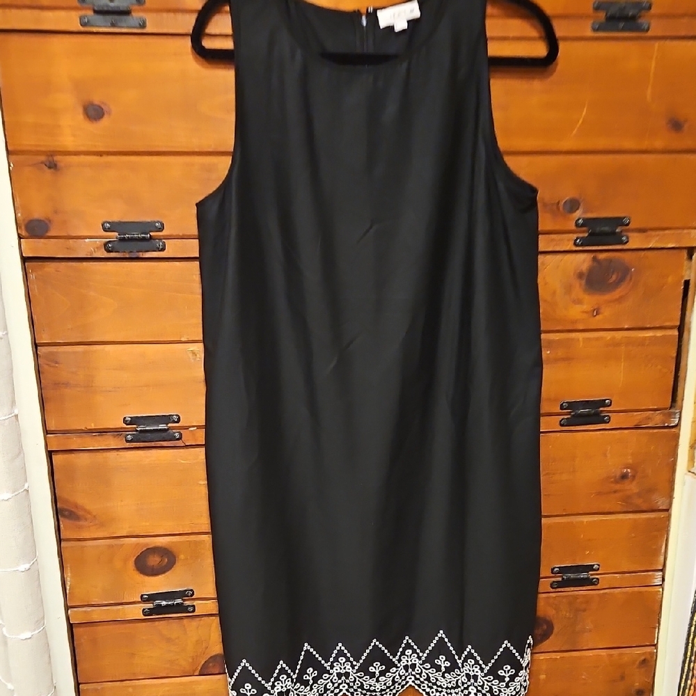 LOFT Black Midi Dress with White Embroidery